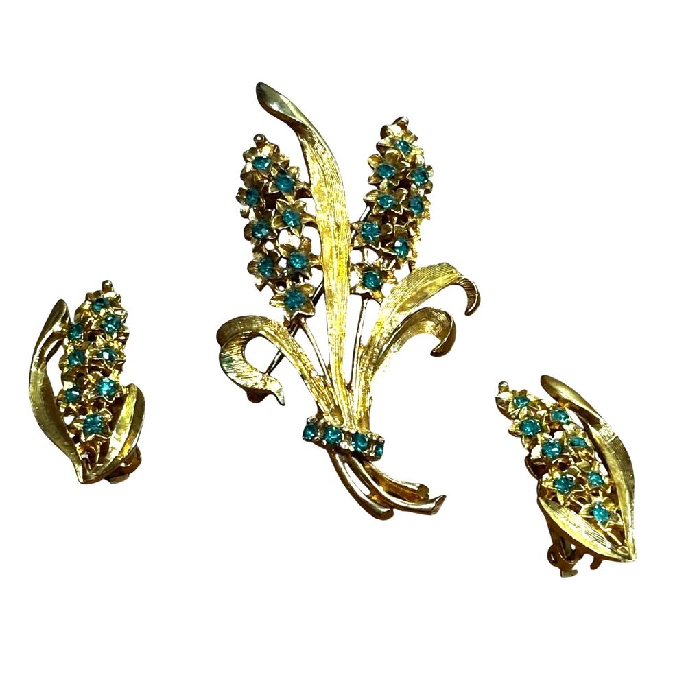 Vintage jewelry set brooch clip on earrings gold & green rhinestones mid century